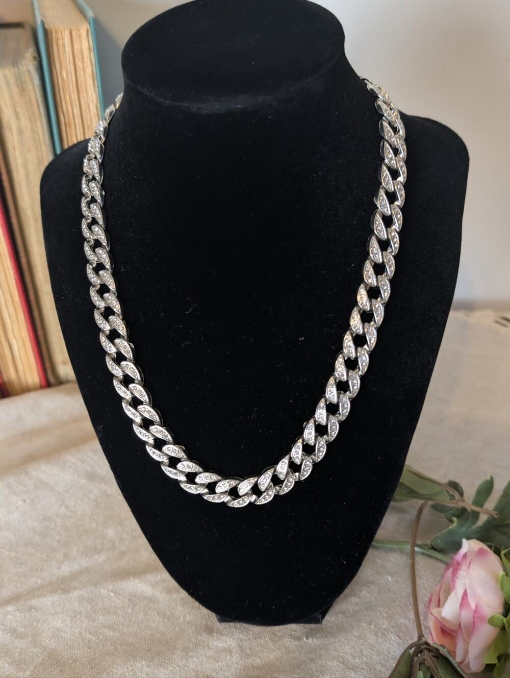 Y2K Rhinestone Cuban Link Necklace  Silver Tone Glam Chain  Pavé Crystal Detail